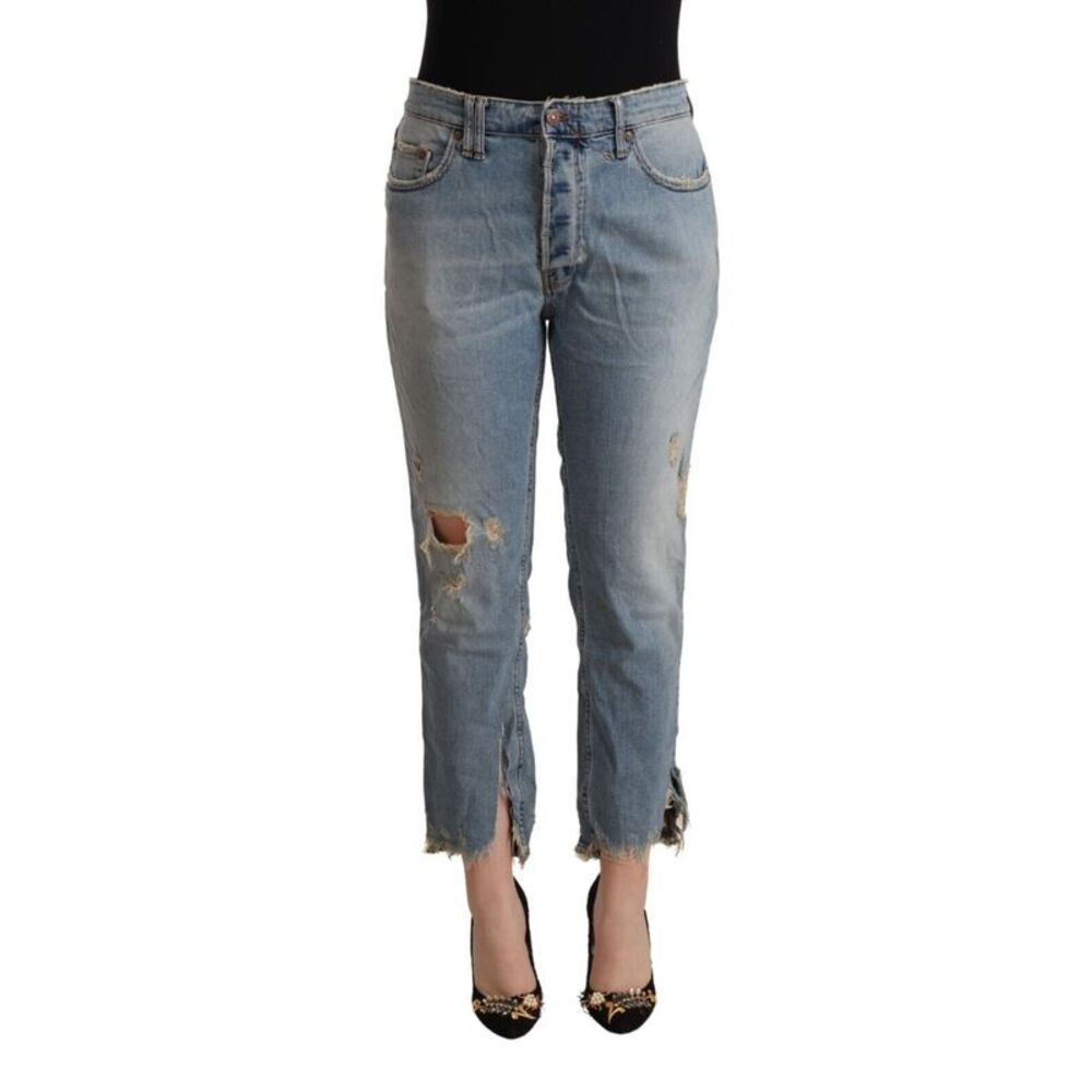 CYCLE Light Blue Distressed Mid Waist Cropped Denim Women's Jeans